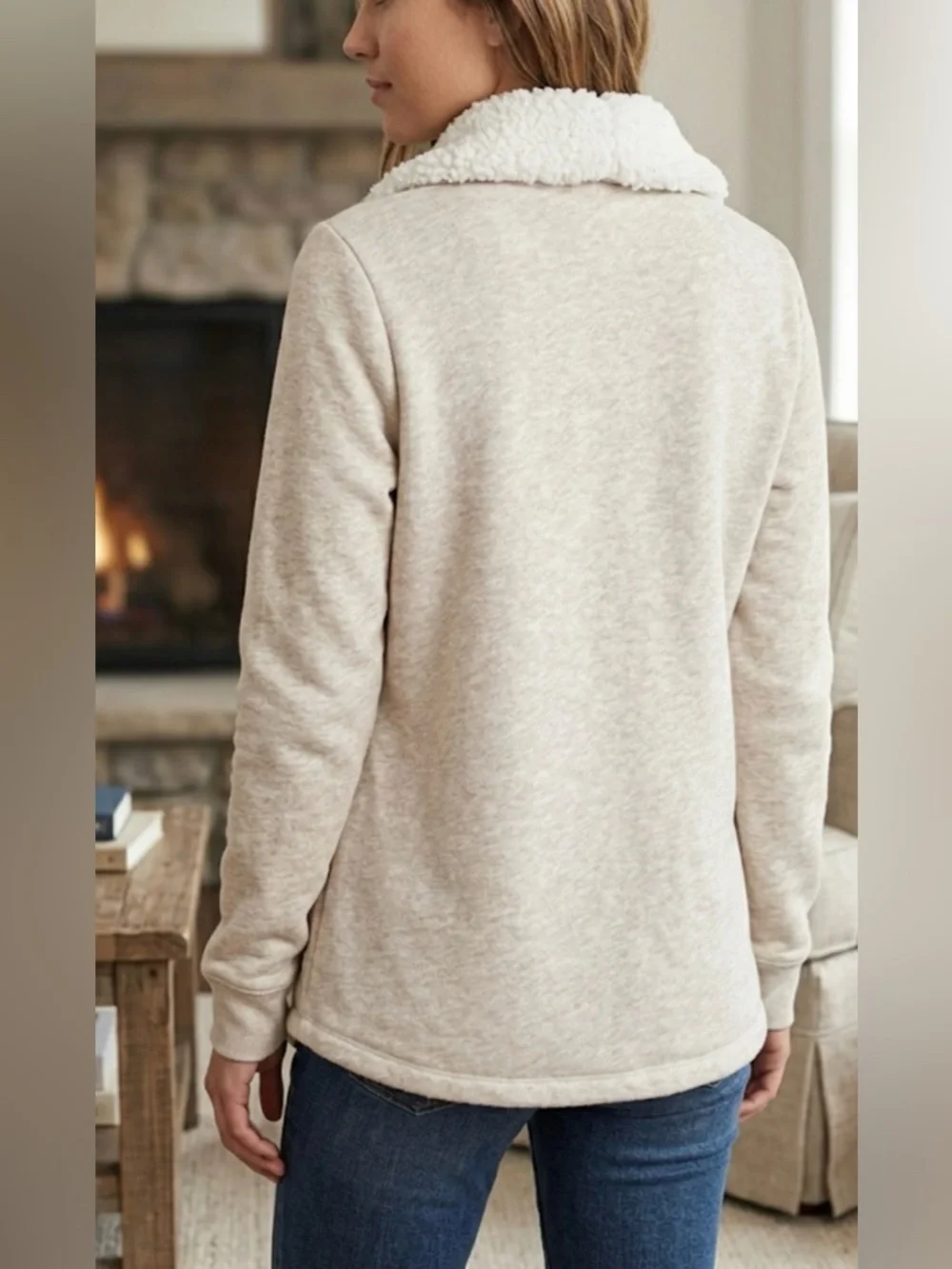 Hollister Cream Fleece Cardigan Cotton Blend Sweater  Size M